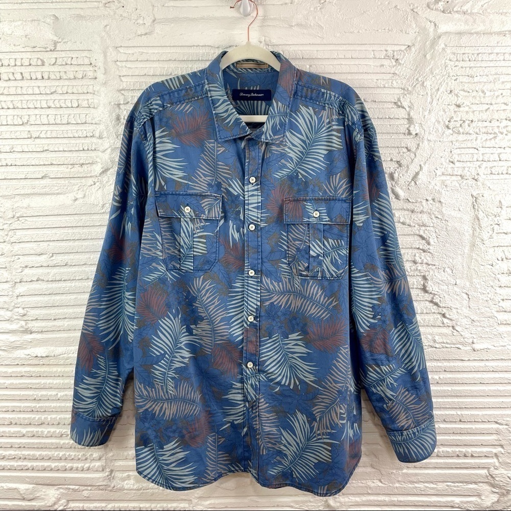 Tommy Bahama Blue Tropical Print Shirt Cotton Twill Long Sleeve Front Pockets XL
